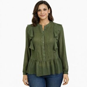 WHO‎ WHAT WEAR Size Small Sheer Green Box Pleated Ruffle Cottagecore Boho Blouse